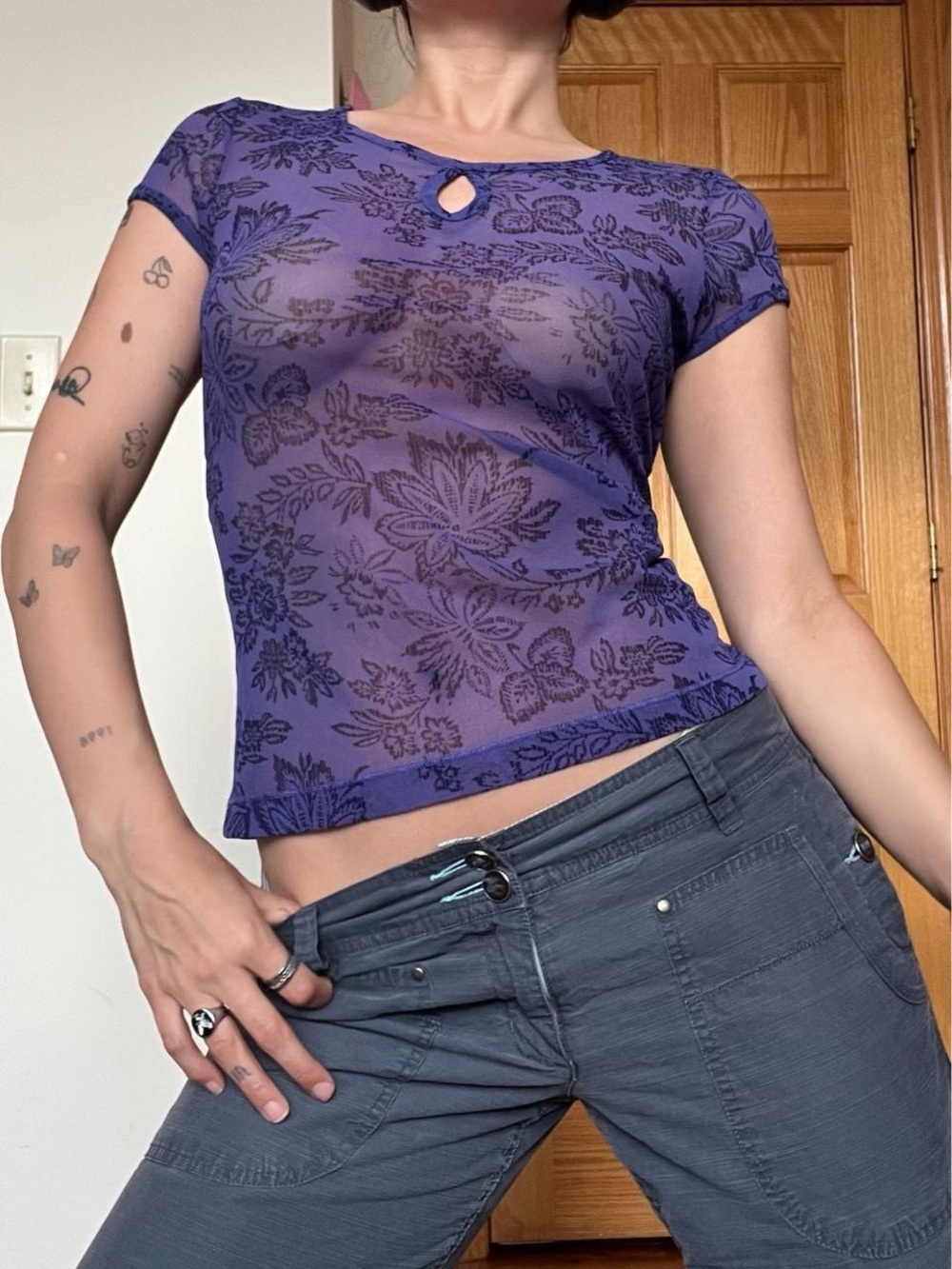 Vintage Y2K Mesh Floral Patterned Keyhole Top - Purple